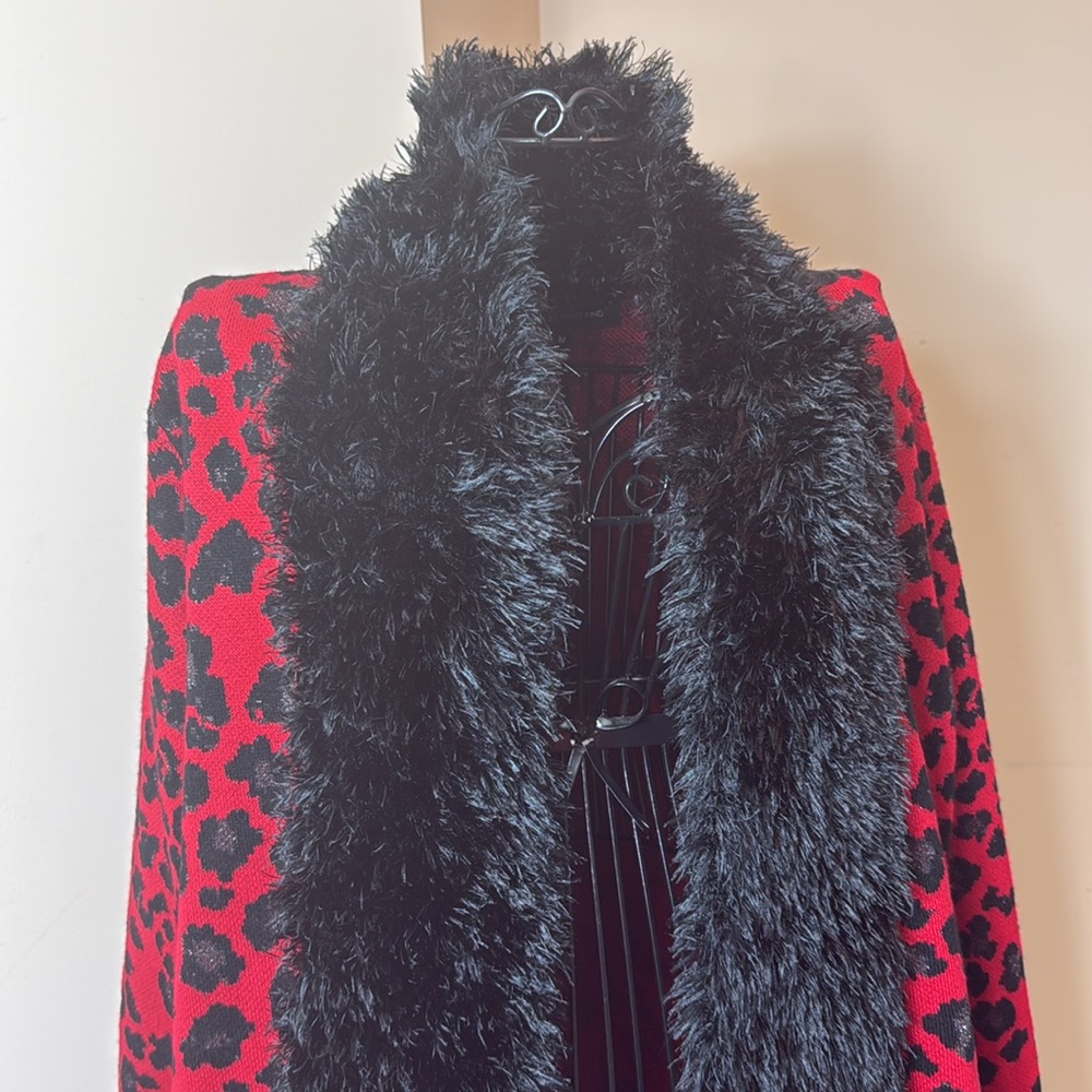 Love At First Find Red Leopard Print Coat with Black Faux Fur Collar and Trim